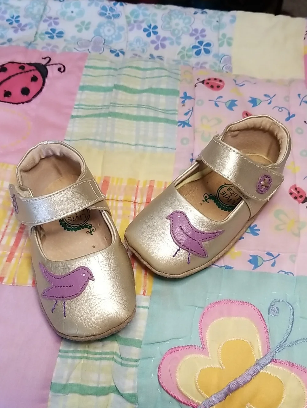 Livie & Luca Metallic Gold Leather Mary Janes with Purple Bird 12-18 Month Pio